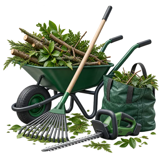 Wheelbarrow, branches and garden tools representing gardening services
